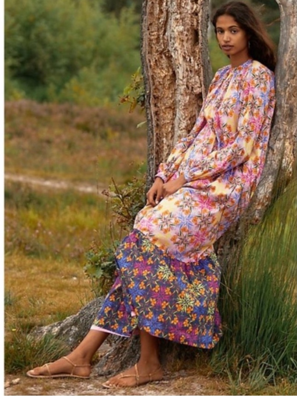 Anthropologie Floral Tiered Long Sleeve Maxi Dress - Multicolor